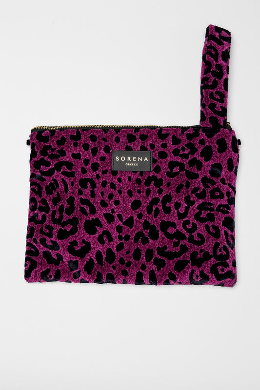 Leopard velvet magenta clutch